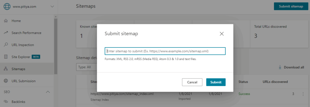 Sitemap submission in Bing