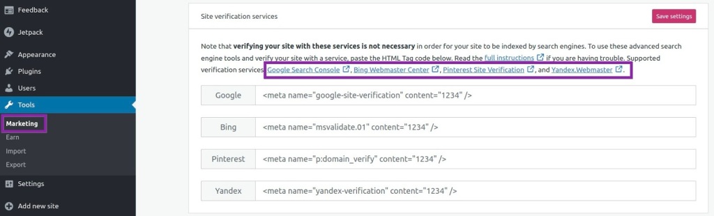 Site verification services in WordPress